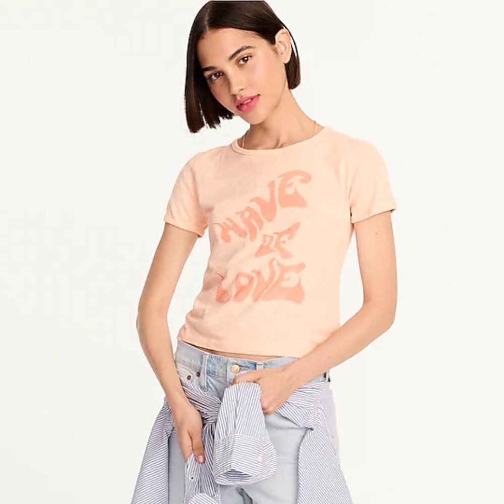 ☮ NEW J.Crew Cropped Wave of Love Peach Short Sleeve T-Shirt ☮ - Picture 1 of 4